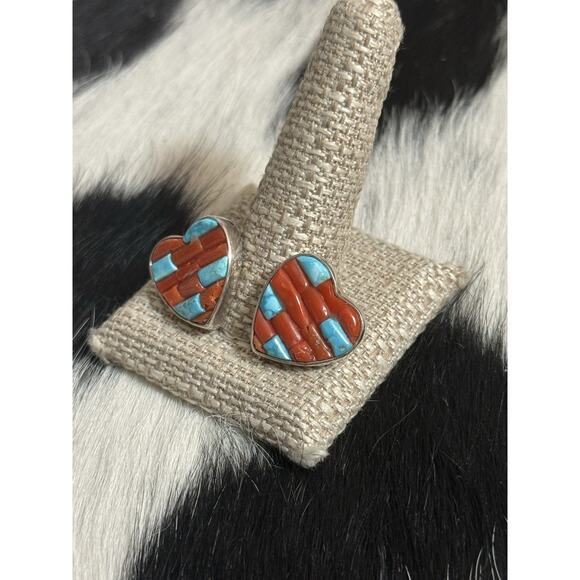 Sterling Jay King DTR Red Coral Turquoise Cobblestone Heart Pendant Earrings Set - Picture 10 of 14